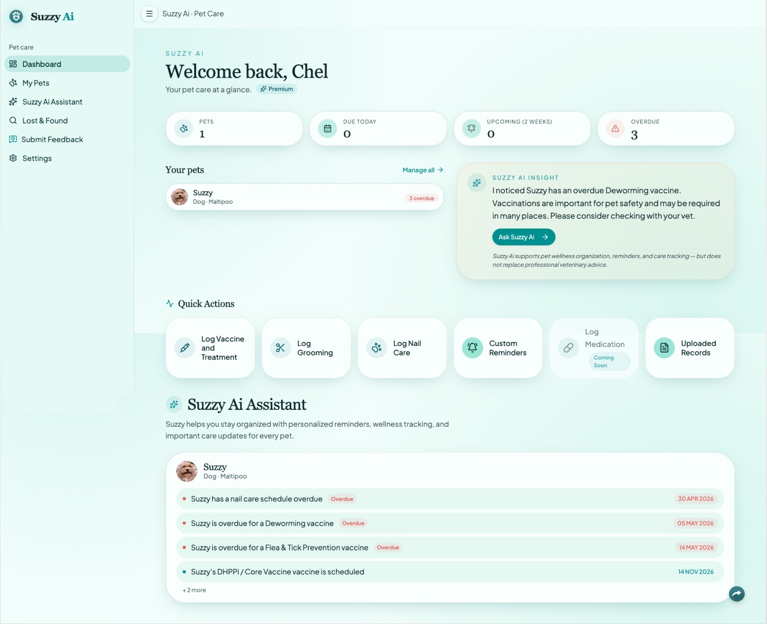 Suzzy Ai dashboard with pets, quick actions, and care stats