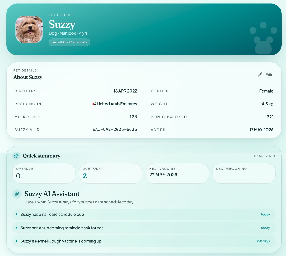 Suzzy AI pet profile with quick summary and care schedule