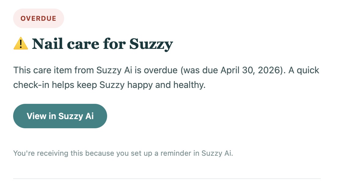 Suzzy Ai Insight card highlighting an overdue rabies vaccine reminder